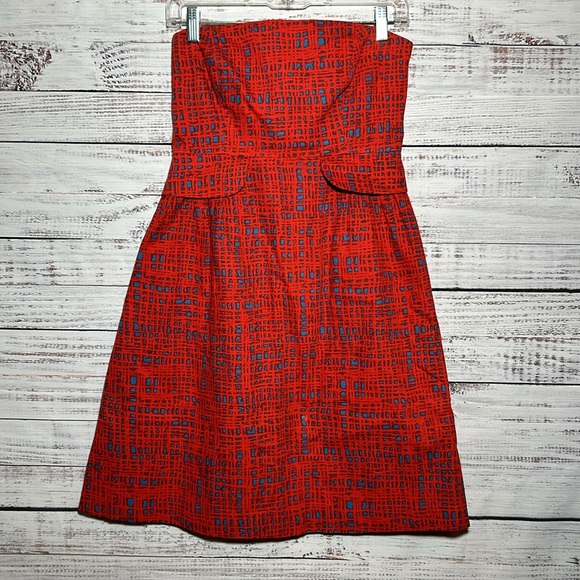 Anthropologie Tabitha Strapless Dress Red and Blue Pattern Size 8 - Picture 2 of 13